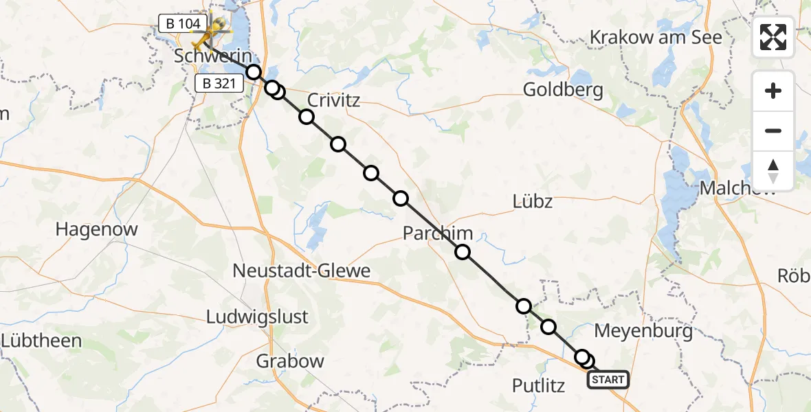 Flugroute Rettungshubschrauber Kümmernitztal - Schwerin, 15 Juli 2026, 19:16