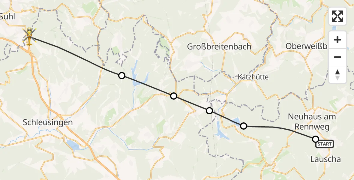 Flugroute Rettungshubschrauber Lauscha - Schleusingen, 15 Juli 2026, 19:17