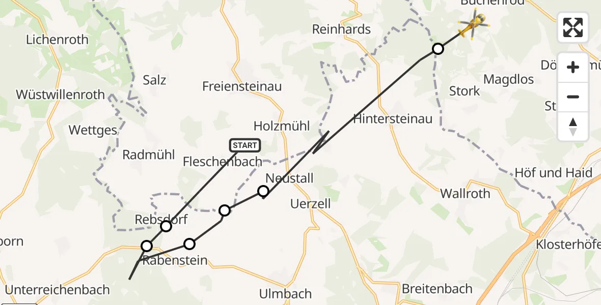 Flugroute Rettungshubschrauber Freiensteinau - Flieden, 15 Juli 2026, 19:18