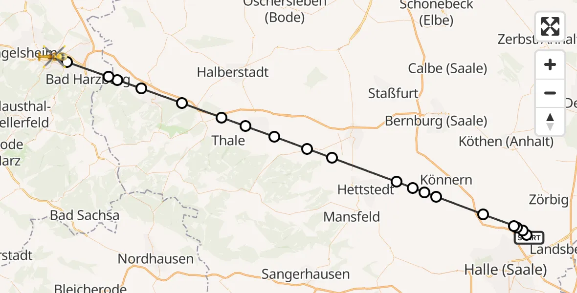 Flugroute Rettungshubschrauber Halle-Oppin Flugplatz - Goslar, 15 Juli 2026, 19:19