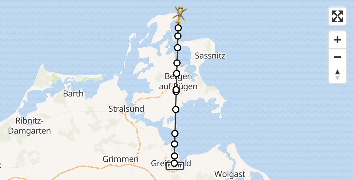 Flugroute Rettungshubschrauber Greifswald Hospital - Putgarten, 15 Juli 2026, 19:20