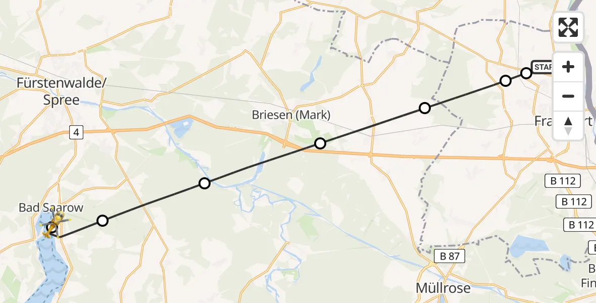 Flugroute Rettungshubschrauber Frankfurt (Oder) - Bad Saarow Hospital Hubschrauberlandeplatz, 15 Juli 2026, 19:25