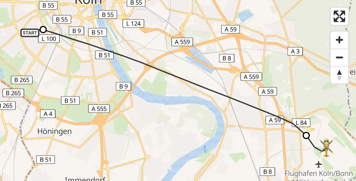 Flugroute Ambulanzhubschrauber Köln University Hospital - Köln Bonn Flughafen, 15 Juli 2026, 19:29