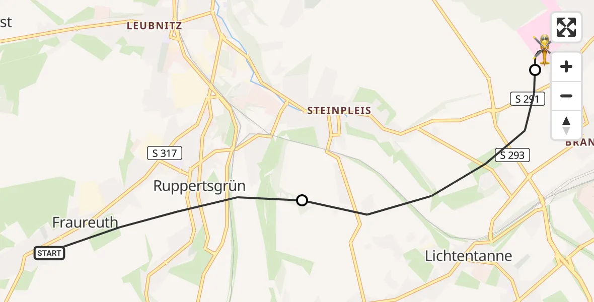 Flugroute Rettungshubschrauber Fraureuth - ADAC Air Rescue Station Zwickau Hubschrauberlandeplatz, 15 Juli 2026, 19:44