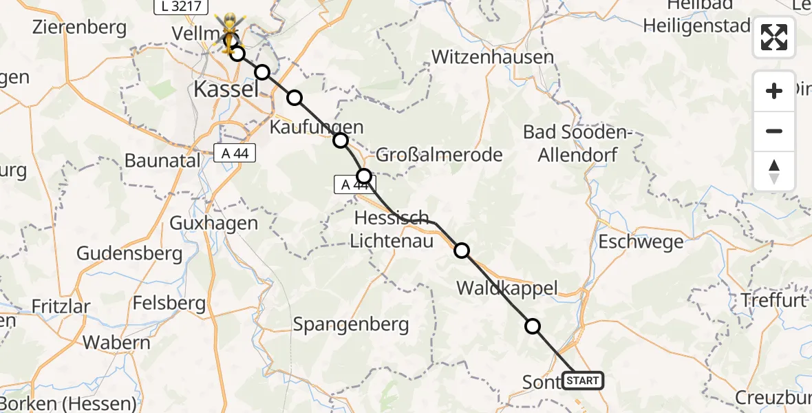 Flugroute Rettungshubschrauber Sontra - Fuldatal Bundespolizei Hubschrauberlandeplatz, 15 Juli 2026, 19:45