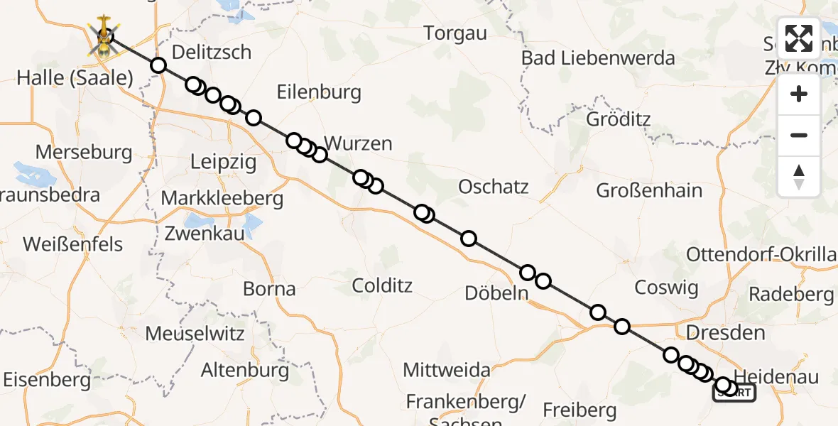 Flugroute Rettungshubschrauber Bavaria Hospital Kreischa - Halle-Oppin Flugplatz, 15 Juli 2026, 19:57