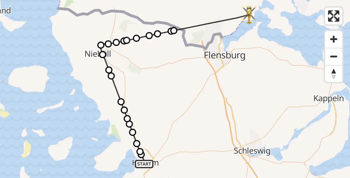 Flugroute Ambulanzhubschrauber Husum - Jardelund, 15 Juli 2026, 20:09