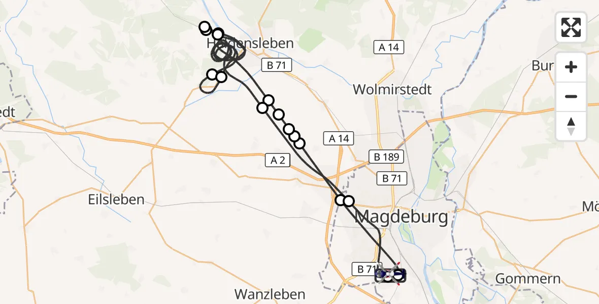 Flugroute Polizeihubschrauber Magdeburg City Flugplatz - Magdeburg, 15 Juli 2026, 20:12
