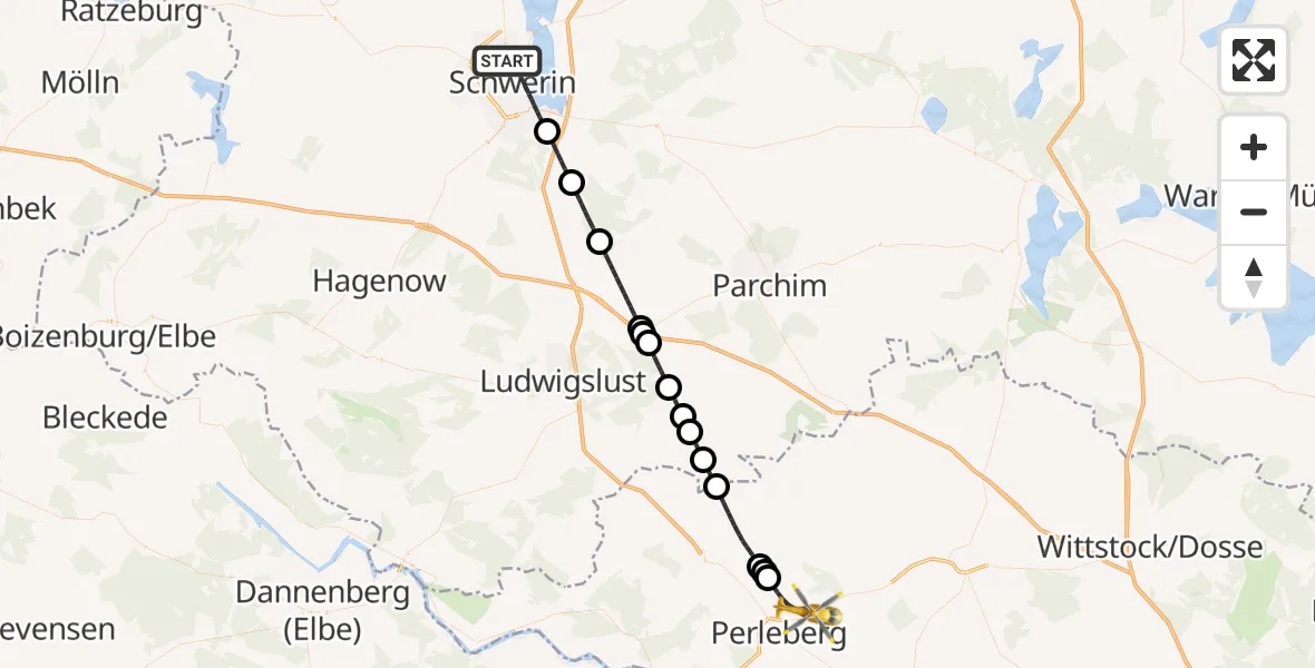 Flugroute Rettungshubschrauber Schwerin - Perleberg, 15 Juli 2026, 20:25