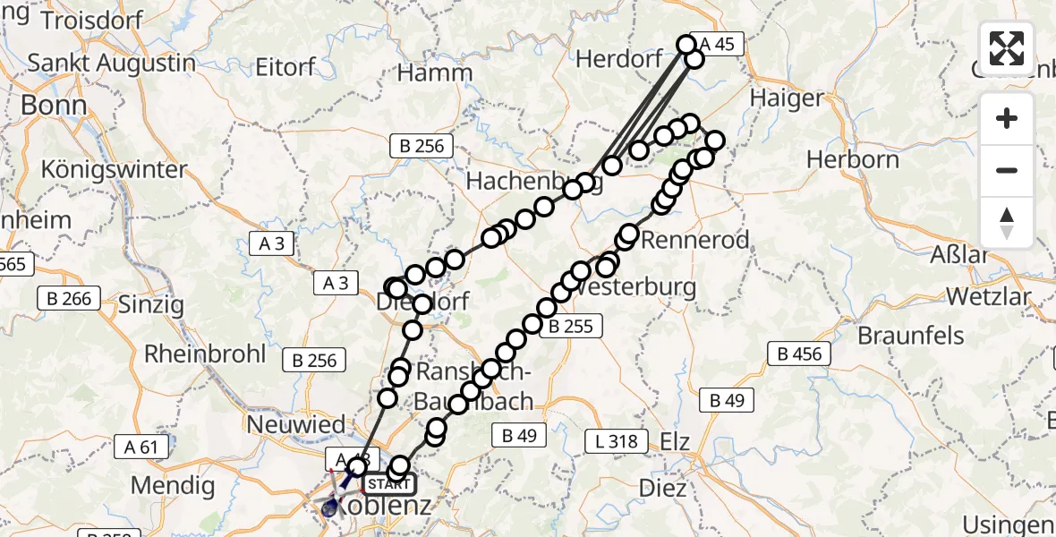 Flugroute Polizeihubschrauber Koblenz - Koblenz, 15 Juli 2026, 20:39