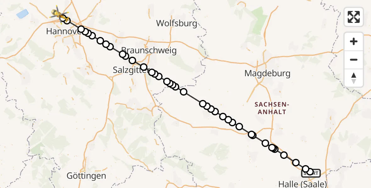 Flugroute Rettungshubschrauber Halle-Oppin Flugplatz - Flughafen Hannover, 15 Juli 2026, 20:48