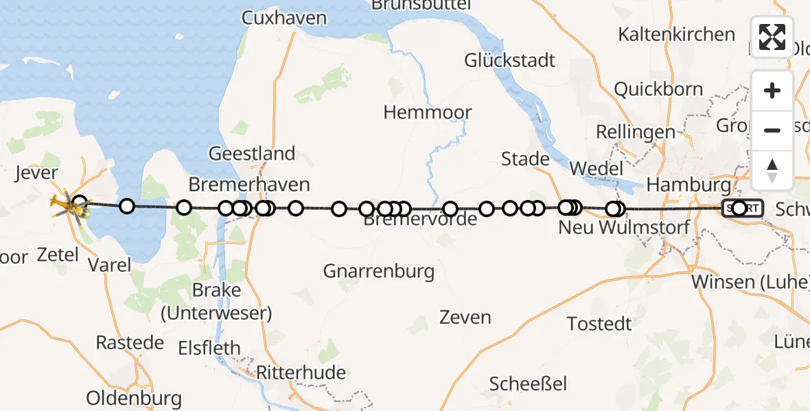 Flugroute Rettungshubschrauber Christoph Hansa ADAC Hubschrauberlandeplatz - Sande, 15 Juli 2026, 21:11