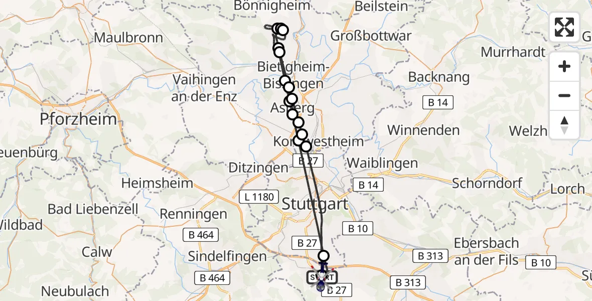 Flugroute Polizeihubschrauber Flughafen Stuttgart - Flughafen Stuttgart, 15 Juli 2026, 21:12