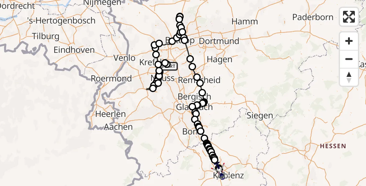 Flugroute Polizeihubschrauber Düsseldorf Flughafen - Mülheim-Kärlich, 15 Juli 2026, 21:15
