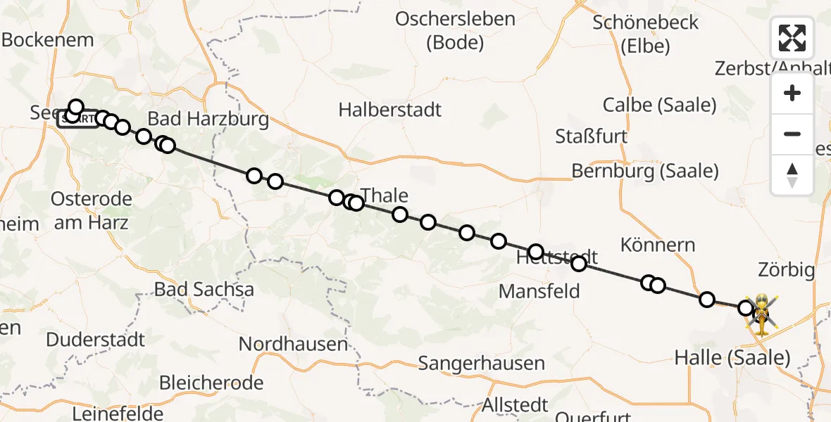 Flugroute Rettungshubschrauber Harz (Landkreis Goslar) - Halle-Oppin Flugplatz, 15 Juli 2026, 21:49