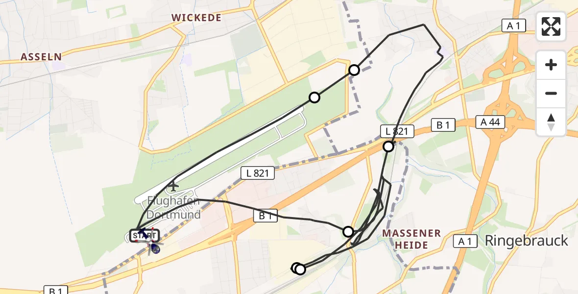 Flugroute Polizeihubschrauber Dortmund Flughafen - Dortmund Flughafen, 15 Juli 2026, 22:47