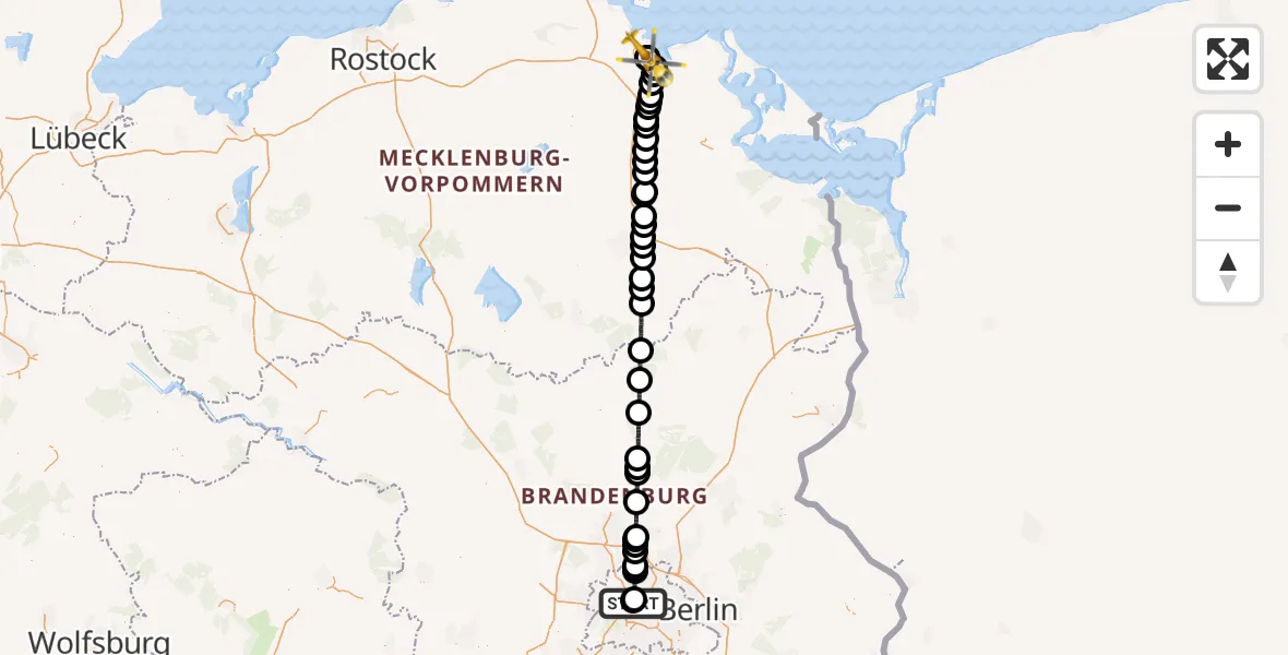 Flugroute Rettungshubschrauber Charité Clinic Virchow Campus - Greifswald Hospital, 15 Juli 2026, 23:48
