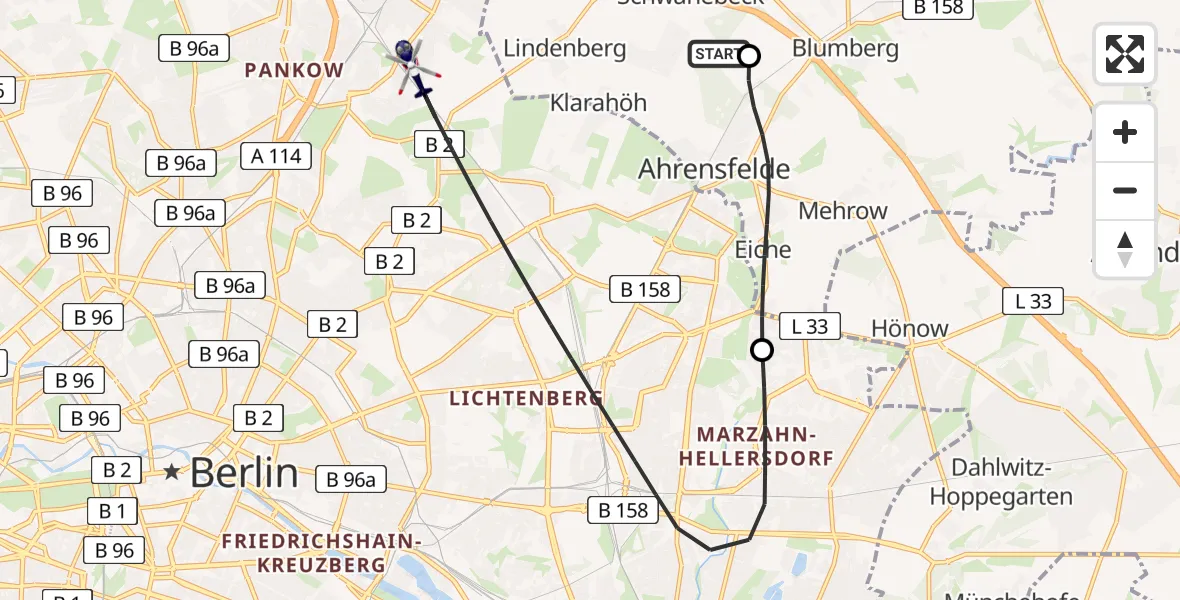 Flugroute Polizeihubschrauber Ahrensfelde Hubschrauberlandeplatz - Berlin, 16 Juli 2026, 00:09