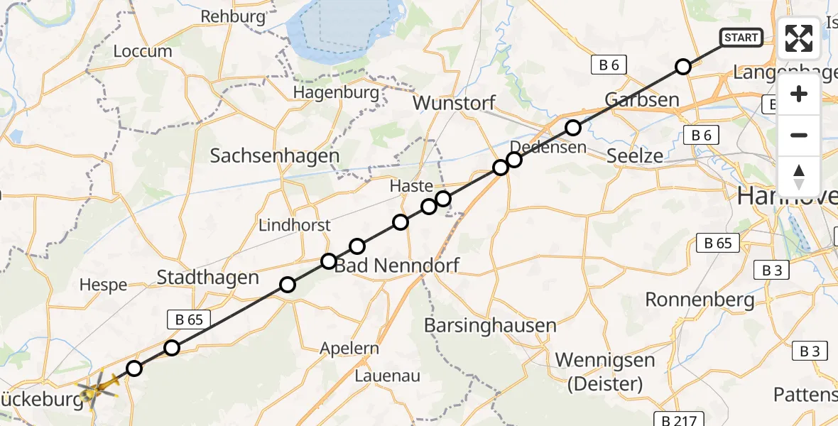 Flugroute Rettungshubschrauber Flughafen Hannover - Obernkirchen, 16 Juli 2026, 00:22