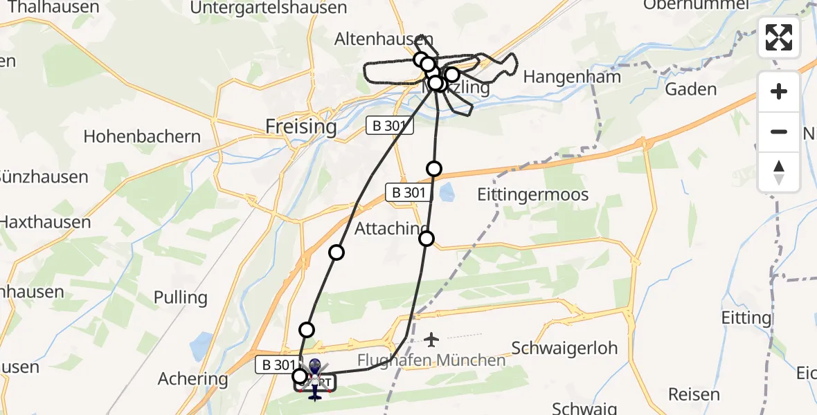 Flugroute Polizeihubschrauber München Flughafen - München Flughafen, 16 Juli 2026, 00:54
