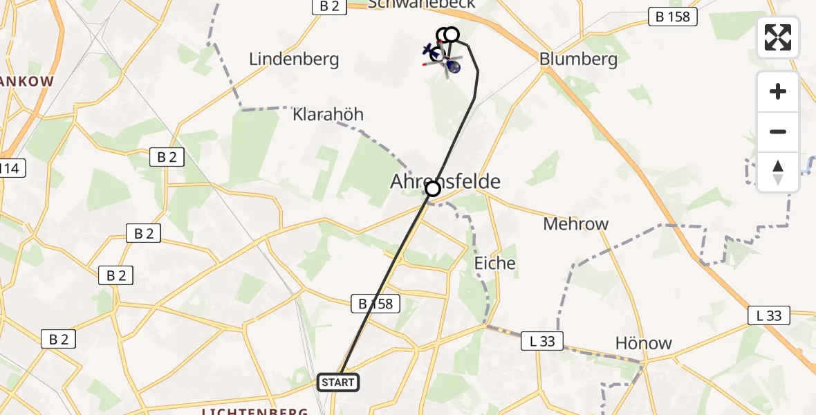 Flugroute Polizeihubschrauber Berlin - Ahrensfelde Hubschrauberlandeplatz, 16 Juli 2026, 01:18