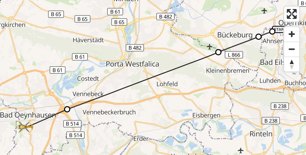 Flugroute Rettungshubschrauber Obernkirchen - Bad Oeynhausen, 16 Juli 2026, 01:28