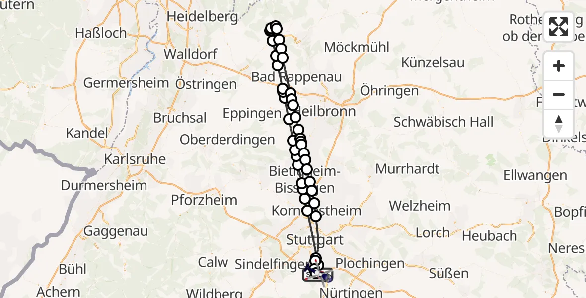 Flugroute Polizeihubschrauber Flughafen Stuttgart - Flughafen Stuttgart, 16 Juli 2026, 01:48
