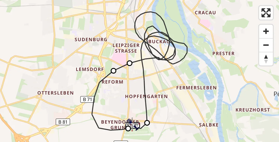 Flugroute Polizeihubschrauber Magdeburg City Flugplatz - Magdeburg City Flugplatz, 16 Juli 2026, 02:04