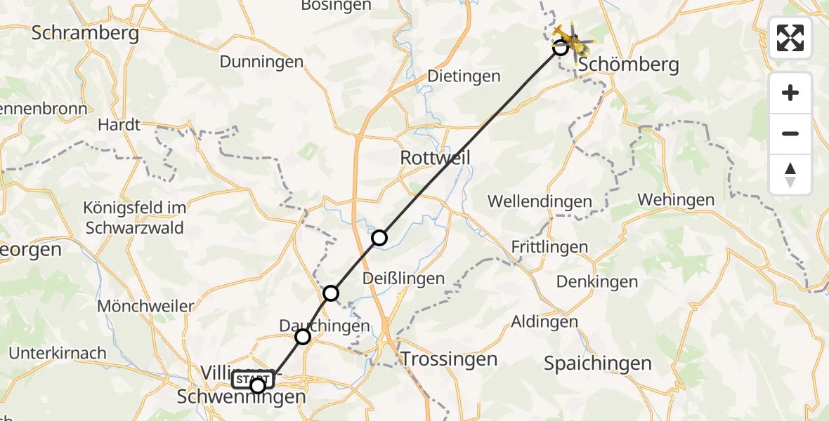 Flugroute Ambulanzhubschrauber DRF Air Rescue Station Villingen-Schwenningen Hubschrauberlandeplatz (Christoph 11) - Zimmern unter der Burg, 16 Juli 2026, 02:08