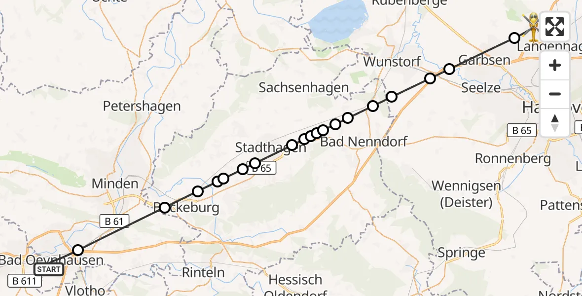 Flugroute Rettungshubschrauber Bad Oeynhausen - Flughafen Hannover, 16 Juli 2026, 02:22