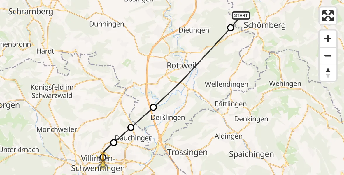 Flugroute Ambulanzhubschrauber Zimmern unter der Burg - DRF Air Rescue Station Villingen-Schwenningen Hubschrauberlandeplatz (Christoph 11), 16 Juli 2026, 02:47