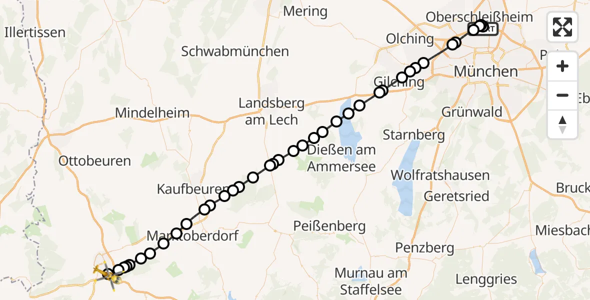 Flugroute Rettungshubschrauber Oberschleißheim - Kempten-Durach Flugplatz, 16 Juli 2026, 03:56