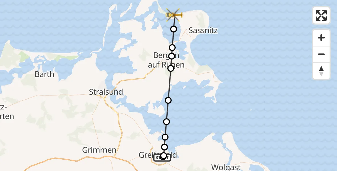 Flugroute Rettungshubschrauber Greifswald Hospital - Glowe, 16 Juli 2026, 04:33