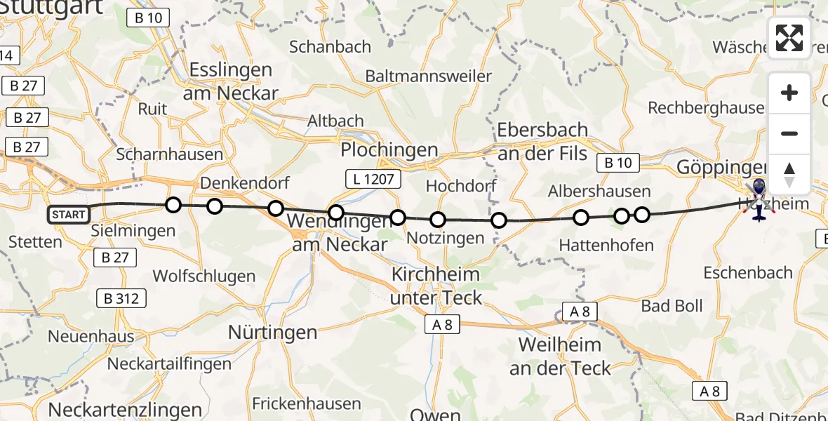 Flugroute Polizeihubschrauber Flughafen Stuttgart - Göppingen, 16 Juli 2026, 04:59