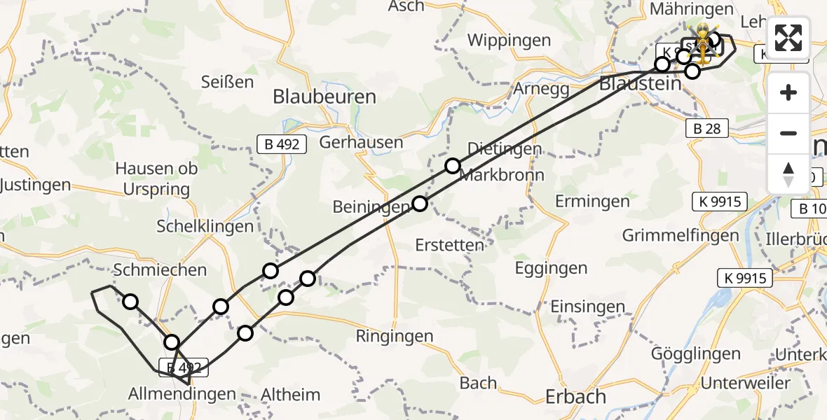 Flugroute Rettungshubschrauber Ulm Military Hospital Emergency - ADAC Air Rescue Station Ulm (Christoph 22), 16 Juli 2026, 05:01