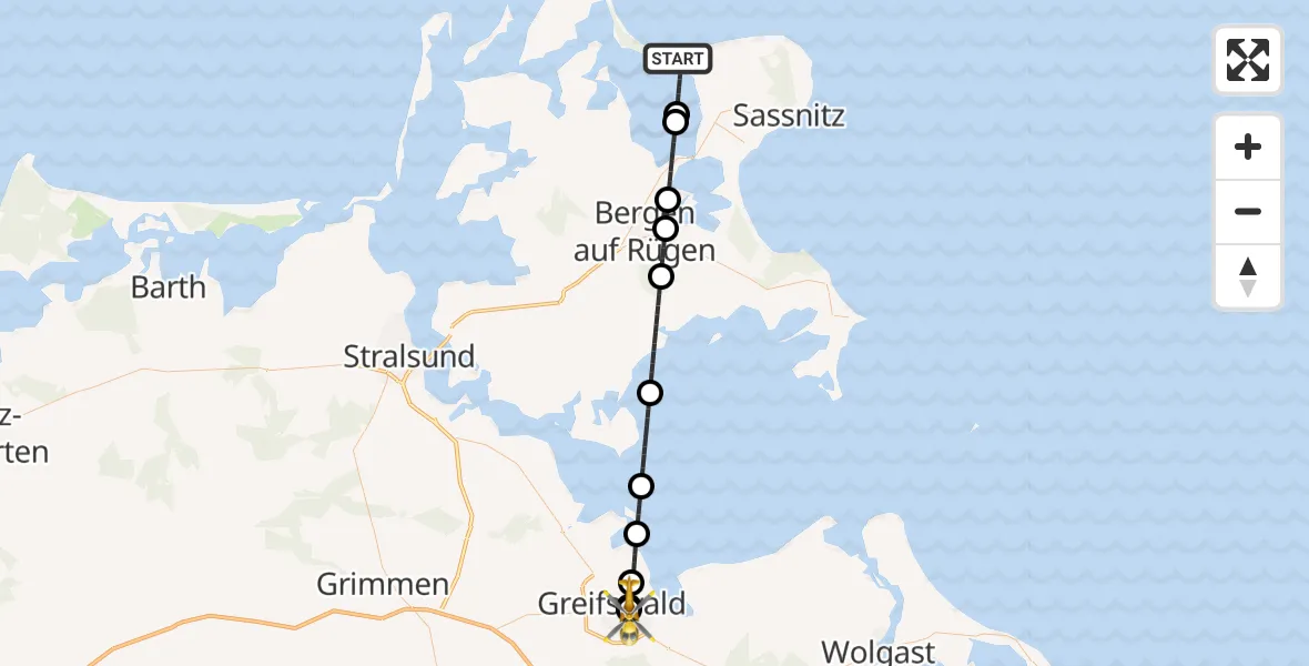 Flugroute Rettungshubschrauber Glowe - Greifswald Hospital, 16 Juli 2026, 05:11