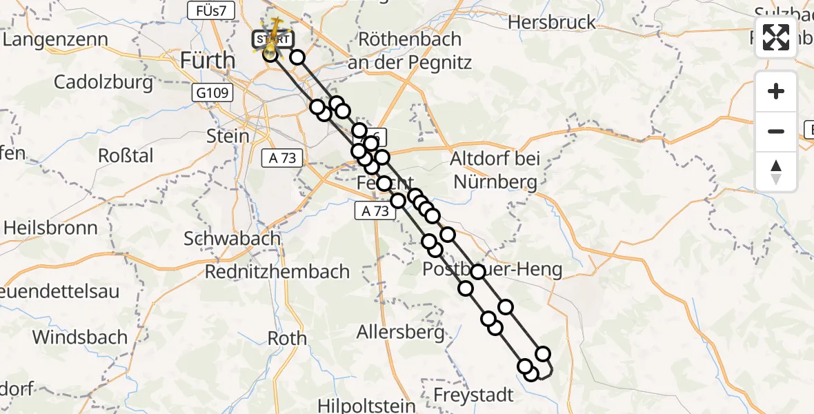 Flugroute Ambulanzhubschrauber Flughafen Nuremberg - Flughafen Nuremberg, 16 Juli 2026, 05:14