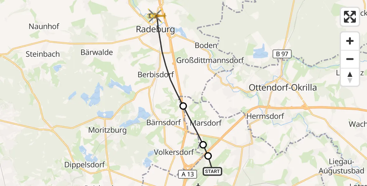 Flugroute Rettungshubschrauber Dresden Bundespolizei Hubschrauberlandeplatz - Radeburg, 16 Juli 2026, 06:02