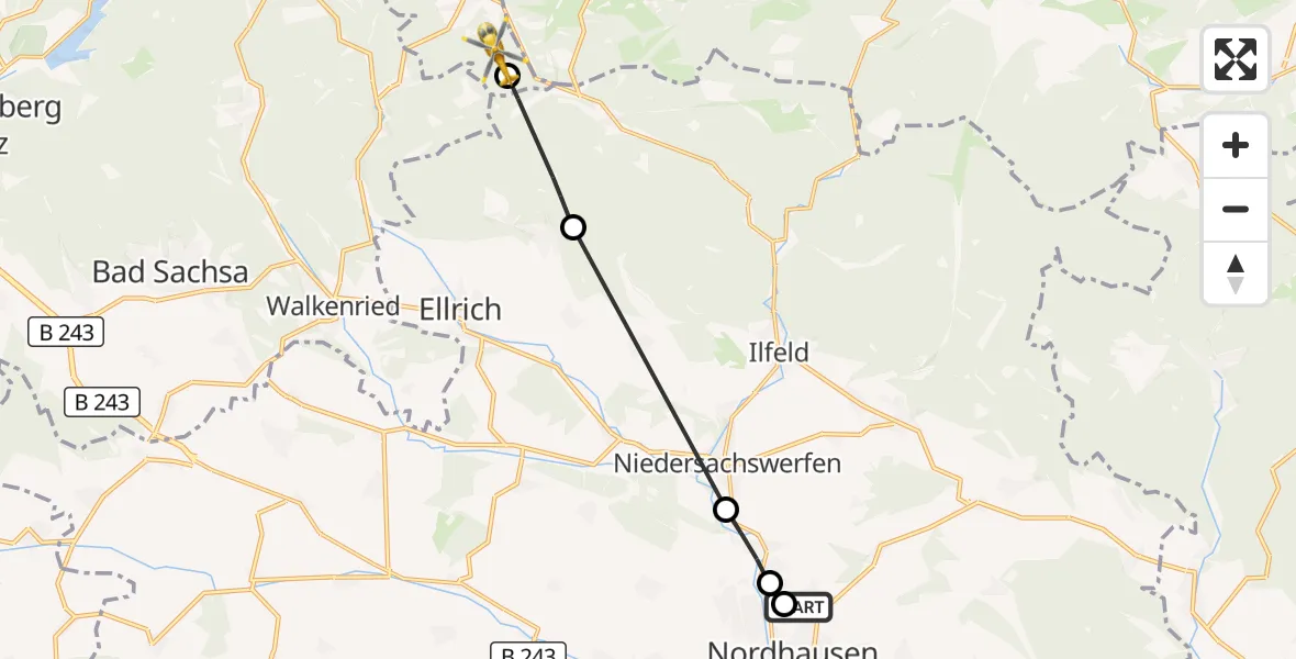 Flugroute Rettungshubschrauber Südharz Hospital Nordhausen - Harz (Landkreis Goslar), 16 Juli 2026, 06:05