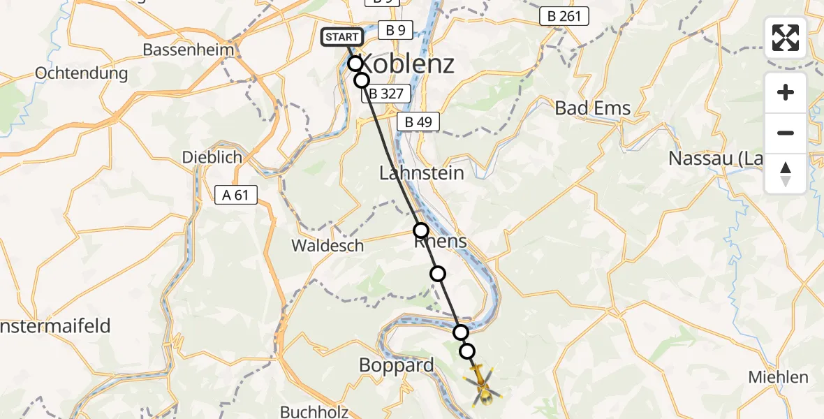 Flugroute Rettungshubschrauber Koblenz - Kamp-Bornhofen, 16 Juli 2026, 06:05
