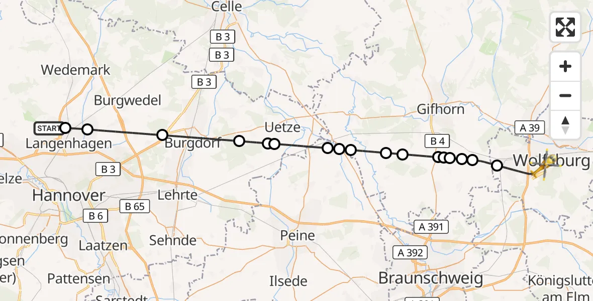 Flugroute Rettungshubschrauber Flughafen Hannover - Wolfsburg, 16 Juli 2026, 06:29