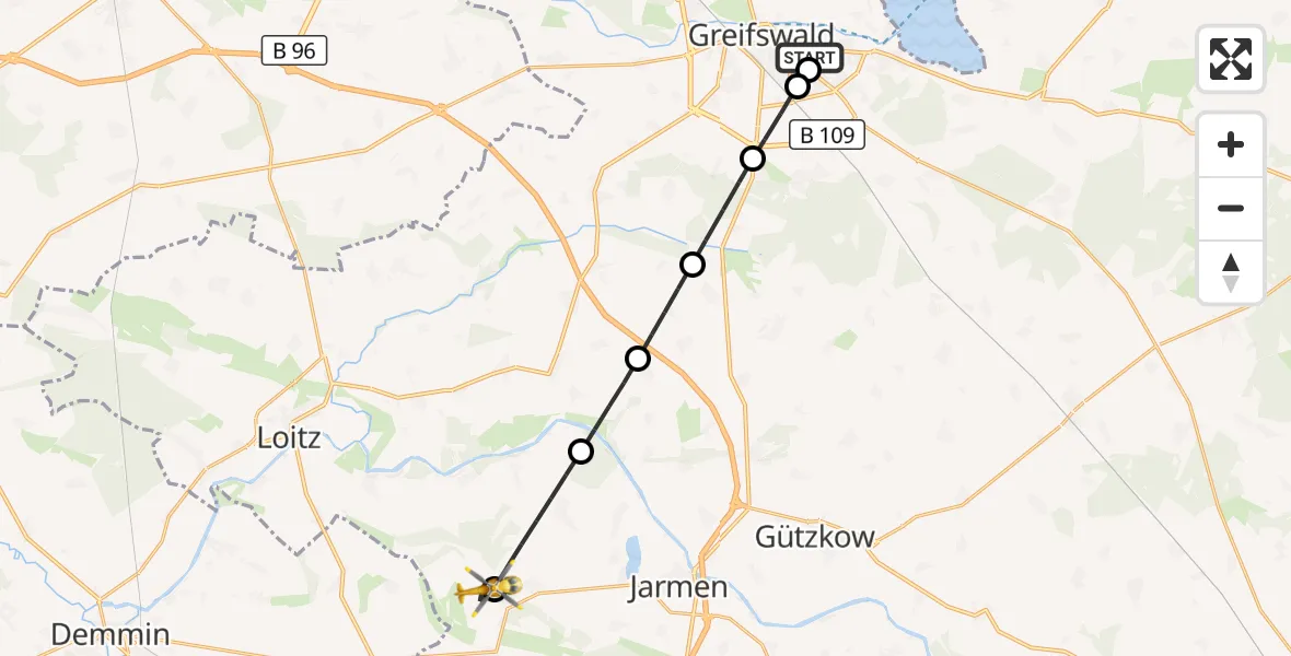 Flugroute Rettungshubschrauber Greifswald Hospital - Tutow, 16 Juli 2026, 06:32