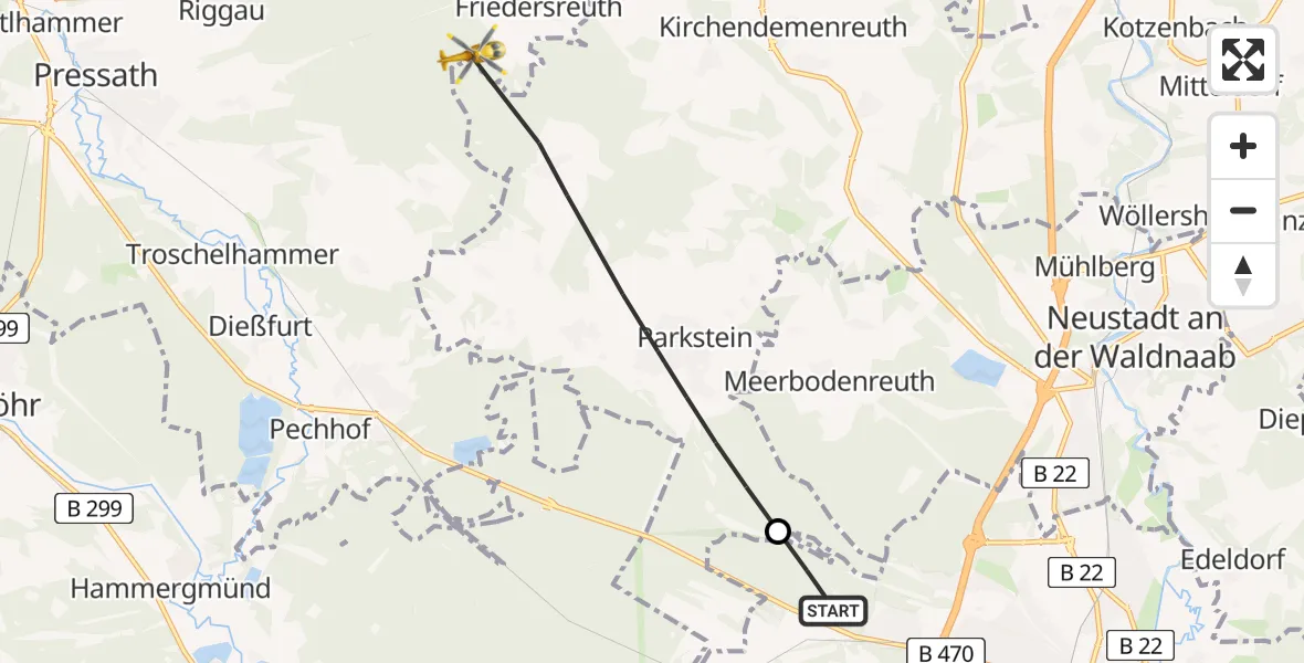 Flugroute Ambulanzhubschrauber Weiden i.d.OPf. - Pressath, 16 Juli 2026, 06:37