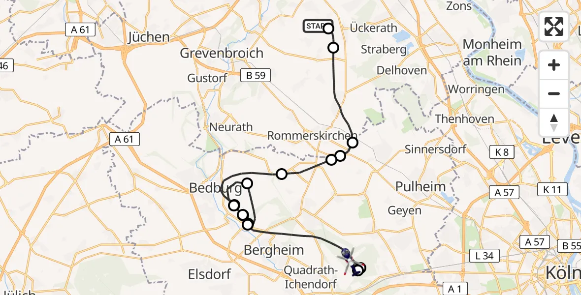Flugroute Polizeihubschrauber Grevenbroich - Bergheim, 16 Juli 2026, 06:38