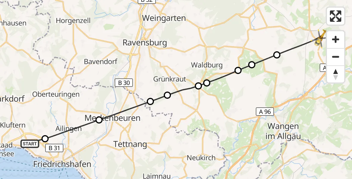 Flugroute Rettungshubschrauber Friedrichshafen Hospital - Kißlegg, 16 Juli 2026, 06:39