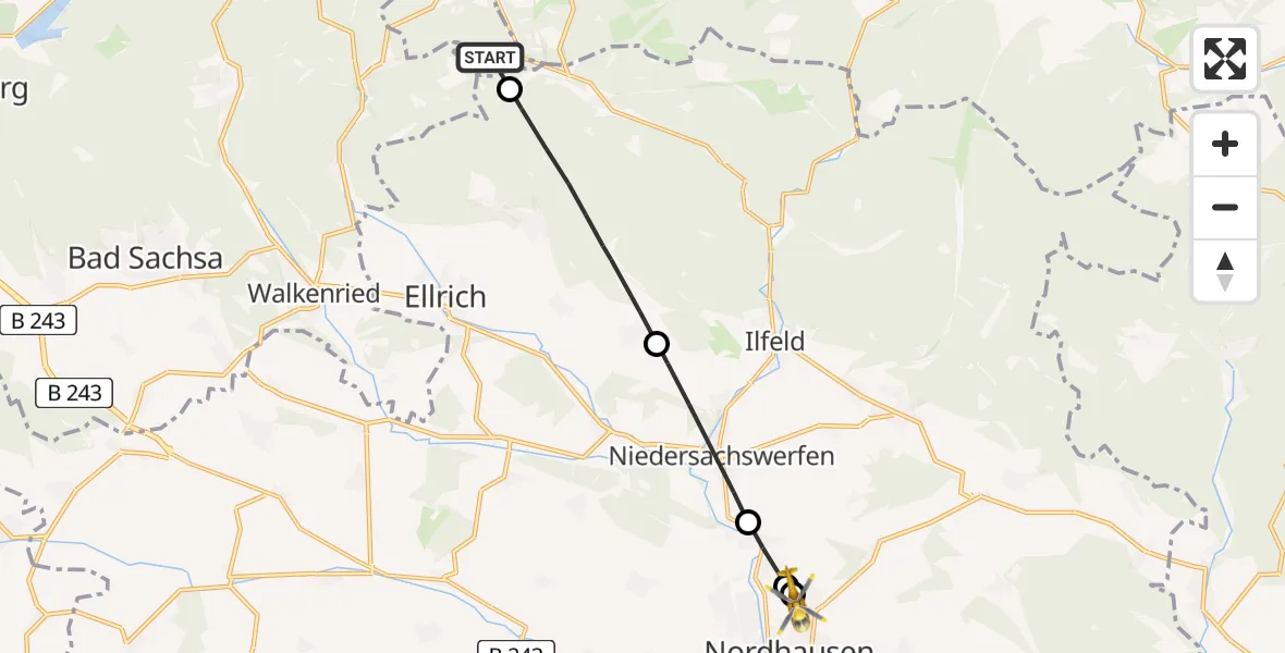 Flugroute Rettungshubschrauber Harz (Landkreis Goslar) - Südharz Hospital Nordhausen, 16 Juli 2026, 06:41