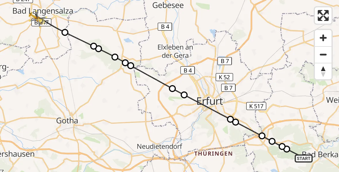 Flugroute Ambulanzhubschrauber Bad Berka - Bad Langensalza, 16 Juli 2026, 06:42