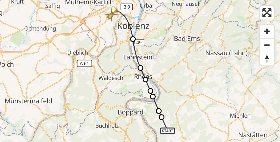 Flugroute Rettungshubschrauber Lykershausen - Koblenz, 16 Juli 2026, 06:59