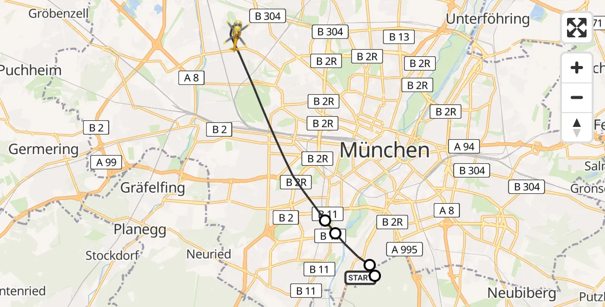 Flugroute Rettungshubschrauber ADAC Air Rescue Center Hubschrauberlandeplatz (Christoph 1) - München, 16 Juli 2026, 07:00
