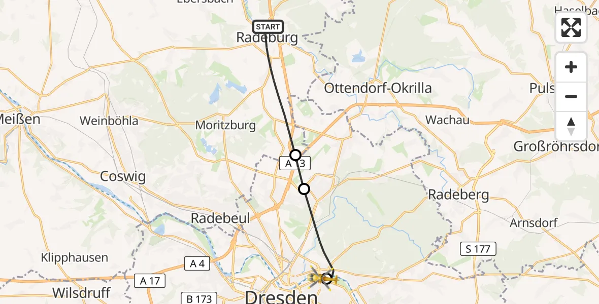 Flugroute Rettungshubschrauber Radeburg - Dresden Elbwiesen Hubschrauberlandeplatz, 16 Juli 2026, 07:08